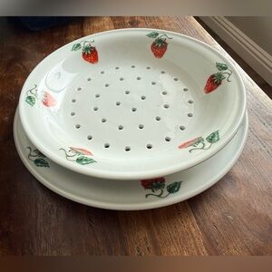 vintage Apilco strawberry-patterned porcelain berry colander and underplate set